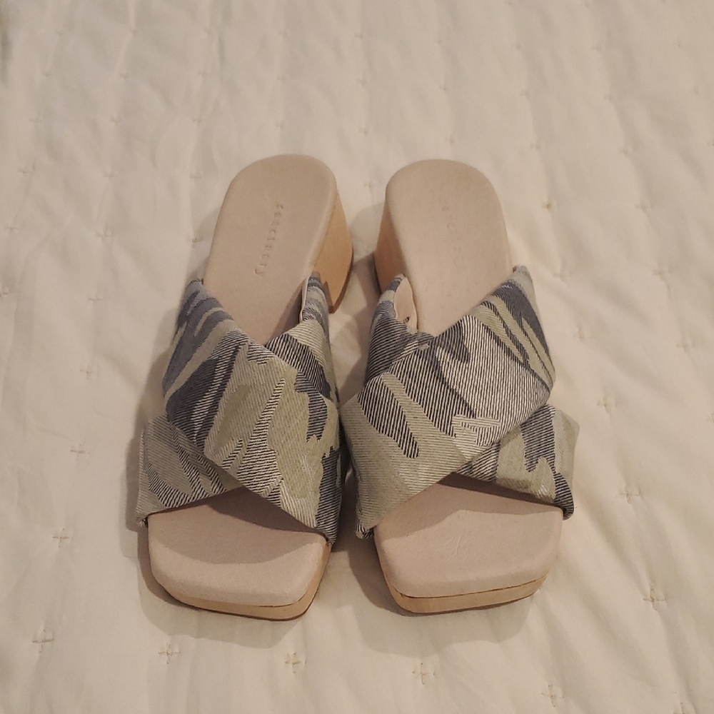 Sanctuary Cream and Gray Mules with Cross-Over Strap Design